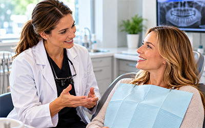 Dentist talking to patient